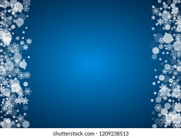 Winter border with white snowflakes for Christmas and New Year celebration. Horizontal winter border on blue background for banners, gift coupon, voucher, ads, party events. Falling frosty snowflakes.