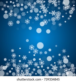 Winter border with white snowflakes for Christmas and New Year celebration. Holiday winter border on blue background for banners, gift coupons, vouchers, ads, party events. Falling frosty snowflakes.