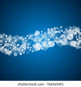 Winter border with white snowflakes for Christmas and New Year celebration. Holiday winter border on blue background for banners, gift coupons, vouchers, ads, party events. Falling frosty snowflakes.