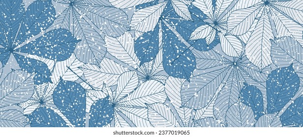 Winter botanical background with blue chestnut leaves and snow. Vector cool background for decor, wallpaper, cards, covers and presentations.