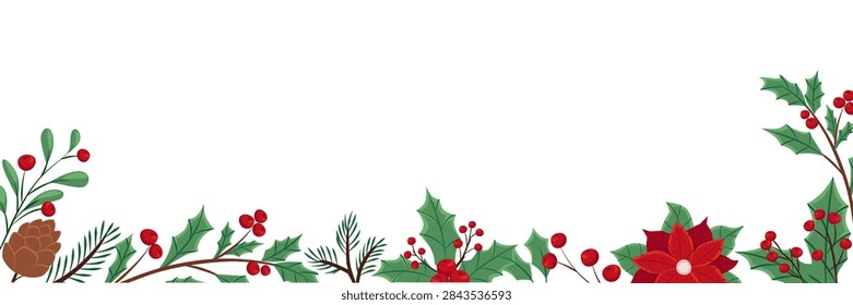 Winter botanical background vector illustration with holly, pine, berry and poinsettia border. Decorative floral foliage, branch and cone elements create a festive Christmas design.