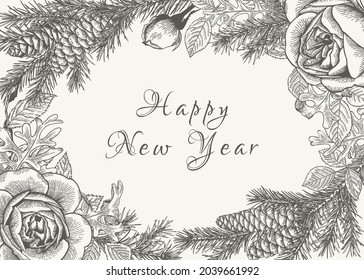Winterbotanische Karte. Vektorgrafik. Weihnachtshintergrund. Strauchkästen und Äste, Rosenblätter und Blumen. Gravur-Stil. Schwarz-Weiß. 