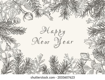 Winter botanical card wiht spruce and roses. Christmas illustration. Floral background with coniferous, hand-drawn in vector. Black and White.