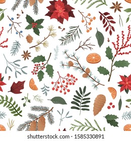 Winter botanical color vector seamless pattern. Zamioculcas, sorbus berries, juniper, mistletoe on white background. Seasonal botany decorative backdrop. Wrapping paper, textile, fabric design.
