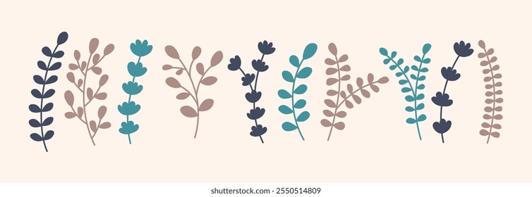 Elementos botánicos de invierno, plantas, hojas. Conjunto de botánica de invierno. Ilustración vectorial dibujada a mano en estilo plano simple para textiles, scrapbooking, tarjetas.
