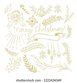 Winter botanical festive hand drawn concept with tree branches bow candy toys ribbon in monochrome style vector illustration