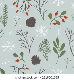 Winter botanical floral seamless pattern with holly leaves, mistletoe berries, forest pine cones. Perfect for Christmas, New year holidays wrapping paper. Repeat swatch. Vector flat cartoon style 