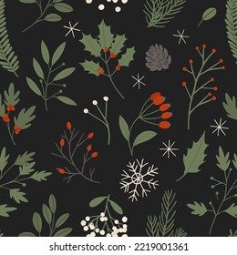 Winter botanical floral seamless pattern with holly leaves, mistletoe berries, forest pine cones. Perfect for Christmas, New year holidays wrapping paper. Repeat swatch. Vector flat cartoon style 