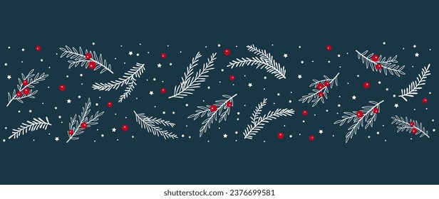 Winterbotanische Blätter mit roten Beeren, horizontaler, nahtloser Vektorhintergrund. Vektorgrafik-Element von winterfesten Baumzweigen und Schnee auf blauem Hintergrund.	
