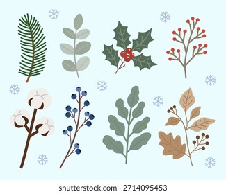 Plantas botánicas de invierno en ilustración plana para diseño estacional. Perfecto para tarjetas de vacaciones, marca de invierno, invitaciones, embalaje, carteles y productos digitales.