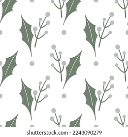 Winter botanical seamless pattern. White berry and green holly leaf. 