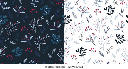 Winter botanical seamless patterns set, flat vector illustration. White and dark blue backgrounds. Christmas wrapping paper design. Elegant floral pattern.