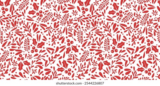 Winter botanical seamless repeat vector pattern, red and white Christmas print, winter holiday festive wallpaper design