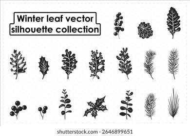 Winter botanical silhouette vector graphics collection stylish minimalist black leaf and berry illustrations perfect for holiday designs