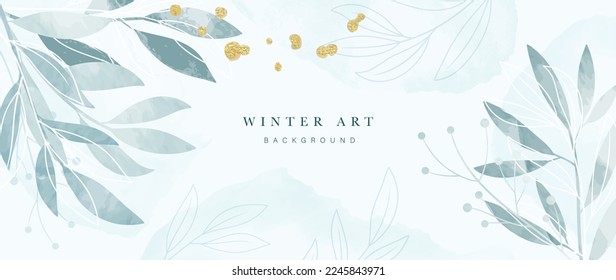 Winter botanical watercolor leaf branches background vector illustration. Hand painted watercolor winter wild foliage and gold brush texture. Design for poster, wallpaper, banner, card, decoration.