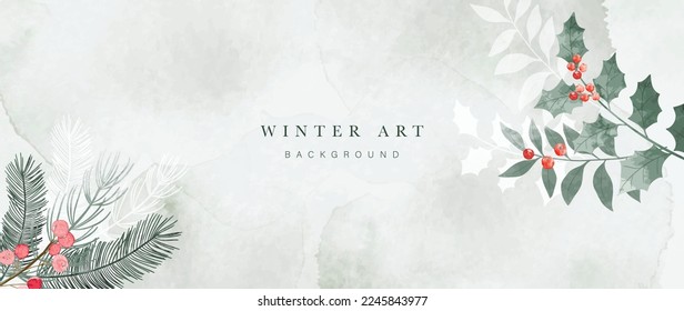 Winter botanical watercolor leaf branches background vector illustration. Hand painted watercolor foliage, berry, pine leaves, holly sprig. Design for poster, wallpaper, banner, card, decoration.