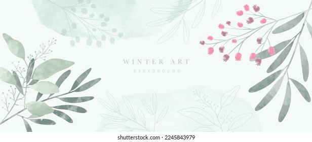 Winter botanical watercolor leaf branches background vector illustration. Hand painted watercolor winter wild foliage and line art texture. Design for poster, wallpaper, banner, card, decoration.