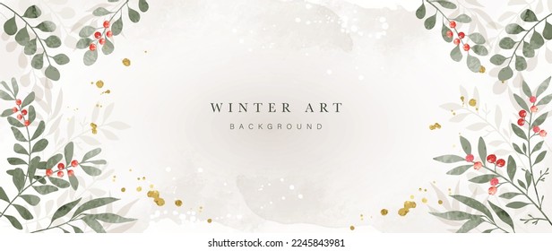 Winter botanical watercolor leaf branches background vector illustration. Hand painted winter foliage, eucalyptus, berry and gold brush texture. Design for poster, wallpaper, banner, card, decoration.