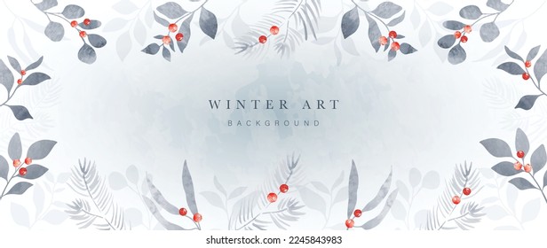 Winter botanical watercolor leaf branches background vector illustration. Hand painted watercolor foliage, berry, pine leaves, eucalyptus. Design for poster, wallpaper, banner, card, decoration.