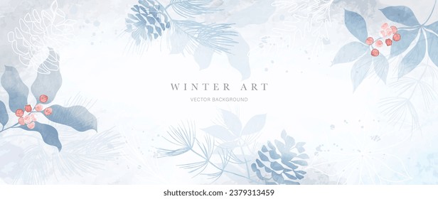 Winter botanical watercolor leaf branches background vector illustration. Hand painted watercolor foliage, berry, pine cones, holly sprig. Design for poster, wallpaper, banner, card, decoration.