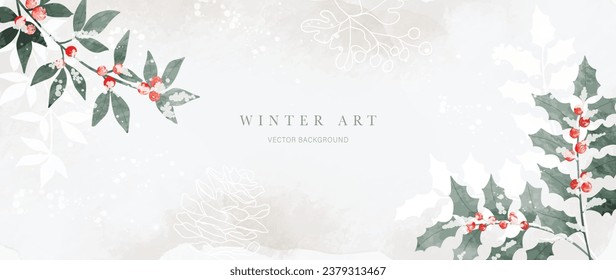 Winter botanical watercolor leaf branches background vector illustration. Hand painted watercolor foliage, berry, pine cones, holly sprig. Design for poster, wallpaper, banner, card, decoration.