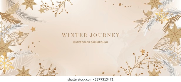 Winter botanical watercolor leaf branches background vector illustration. Hand painted watercolor and gold snowflakes, berry, pine leaves, holly sprig. Design for poster, banner, card.