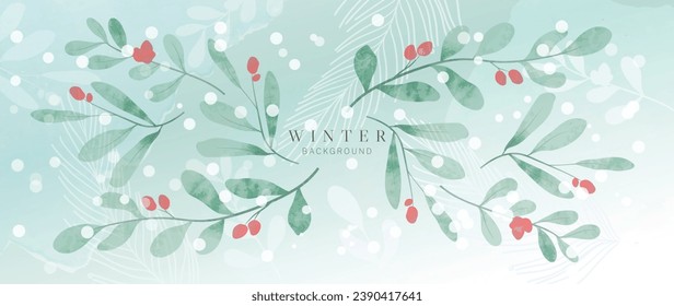 Winter botanical watercolor leaf branches background vector illustration. Hand painted watercolor foliage, berry, pine leaves, holly sprig. Design for poster, wallpaper, banner, card, decoration.