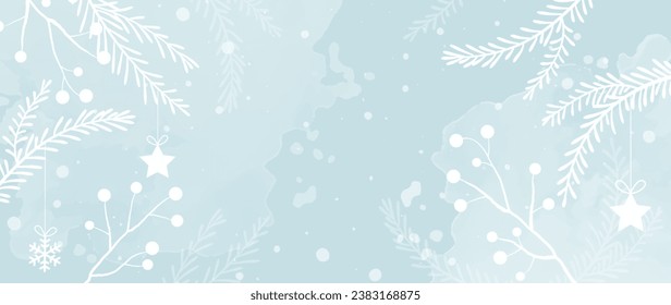 Winter botanical watercolor leaves branches background vector illustration. Hand painted watercolors of foliage, snowflakes, spruce. Design for poster, wallpaper, banner, card, decoration.	