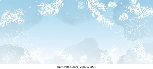 Winter botanical watercolor with spruce branches. Hand painted watercolors of foliage, pine cones, snowflakes. Design for poster, wallpaper, banner, postcard