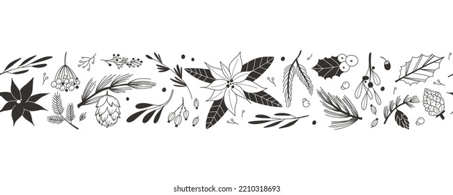 Winter botany border. Hand drawn line coniferous tree branches, cones and berries, pinecones and poinsettia flower. Line elegant frame. Christmas plants. Botanical vector decor seamless