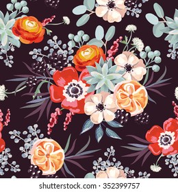 Winter bouquet with blackberries and succulents on the black background. Vector seamless pattern with flowers.