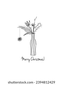 Winter bouquet of branches, dried flowers and fir branches. Clean, simple and minimalistic line style elements for your design. Vector sketch illustration for greeting card. Christmas theme. 