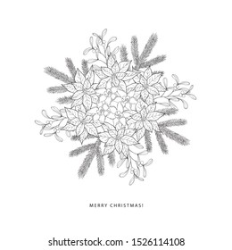 Winter bouquet with evergreen plants. Christmas and new year line art graphic.