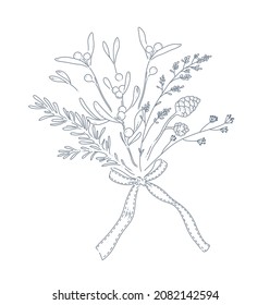 Winter bouquet with holiday decor plants mistletoe, fir tree branches, ribbon bow isolated. Line art hand drawn doodle vector illustration. For packaging, cards, banners, invitation.