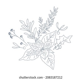 Winter bouquet with holiday decor plants mistletoe, fir treee branches,holly berry isolated. Line art hand drawn doodle vector illustration. For packaging, cards, banners, invitation.