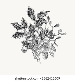 Winter bouquet made of holly, mistletoe and hellebores. Vector vintage illustration. Black and white