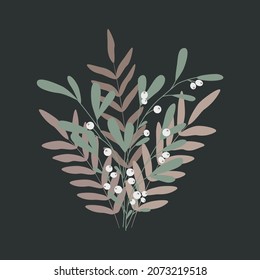 Winter bouquet. Minimalistic floral design with mistletoe branches. Festive bunch on dark green background for greeting cards, invitation, posters, banners. Concept for Christmas Day and New Year.