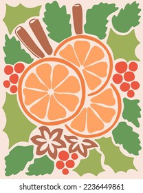 Winter bouquet poster. Christmas vector botanical illustration. Mulled wine concept. Orange, pine, cinamon. Trendy botanical wall arts in danish pastel colors. Decorative contemporary botanical elemen