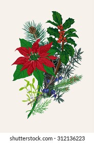 Winter Bouquet. Vintage vector illustration. Design elements. Happy New Year and Merry Christmas.