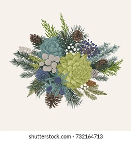 Winter Bouquet. Vintage vector illustration. Design elements. Happy New Year and Merry Christmas. Modern floristics. Colorful