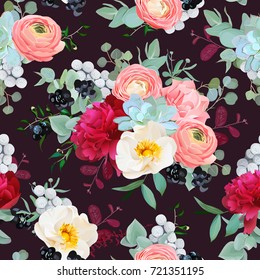 Winter bouquets of peony, ranunculus, succulents, rose, carnation, brunia, blackberries and eucalyptus leaves on the black background. Vector seamless pattern with flowers.