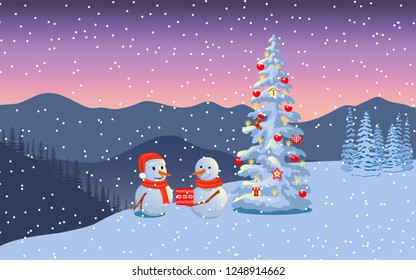 Winter boxing day with snowmen. Evening twilight with snowman family in santa hat, distant mountains, decorated illuminated x-mas tree