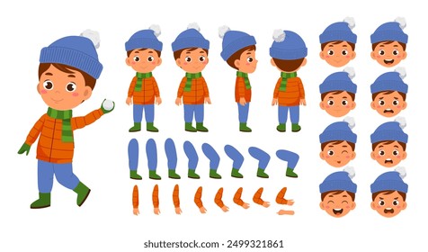 Winter boy constructor. Happy child throws snowball. Pack of legs, hands and faces for creating animation. Winter snowy activities. Flat vector collection isolated on white background