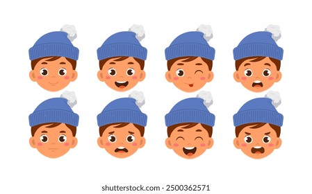 Winter boy constructor. Schoolboy in blue hat with different emotions and feelings. Kit for customization. Pack of heads and faces. Flat vector collection isolated on white background