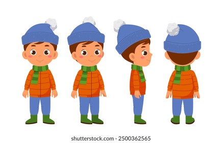 Winter boy constructor. Schoolboy in warm clothes. Kit for creating animations. Pack of character in different poses. Kid in jacket and hat. Flat vector collection isolated on white background