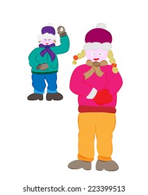 winter, boy and girl on white background, vector