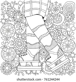 Winter boy on skates.  Winter snowflakes. Adult Coloring book page. Hand-drawn vector illustration. Vertical pattern for coloring book with legs. Scandinavian style. Black and white.