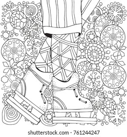 Winterjunge auf Schlittschuhen.  Winterschneeflocken. Malbuch für Erwachsene. Handgezeichnete Vektorgrafik. Vertikales Muster zum Färben von Büchern mit Beinen. Skandinavischer Stil. Schwarz und weiß.