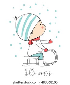 Winter boy on sled. Funny cartoon character.