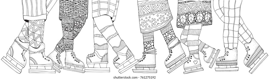 Winter boys and girls on skates.  Winter snowflakes. Adult Coloring book page. Hand-drawn vector illustration. Horizontal pattern for coloring book with legs. Scandinavian style. Black and white.